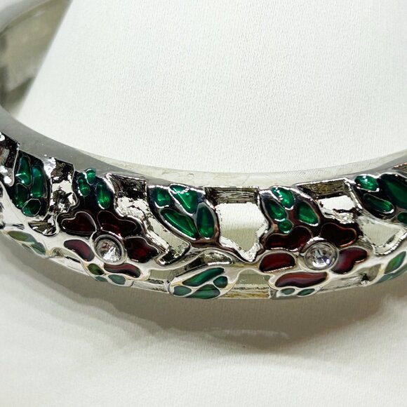 Hinged Bangle Bracelet w Green & Red Enamel Floral Accents & Clear Crystals - Picture 2 of 7